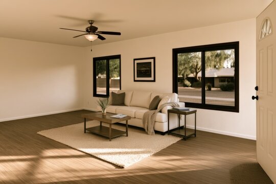 an empty living room with a couch and coffee table under a ceiling fan