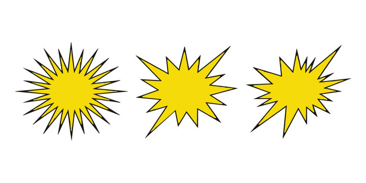 Yellow sunburst and jagged starburst explosion shapes on white background with shape figure design element graphic radiating bright yello
