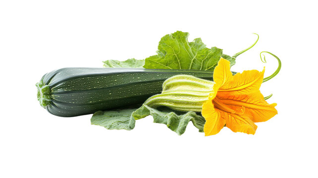 Zucchini with orange flower and green leaves