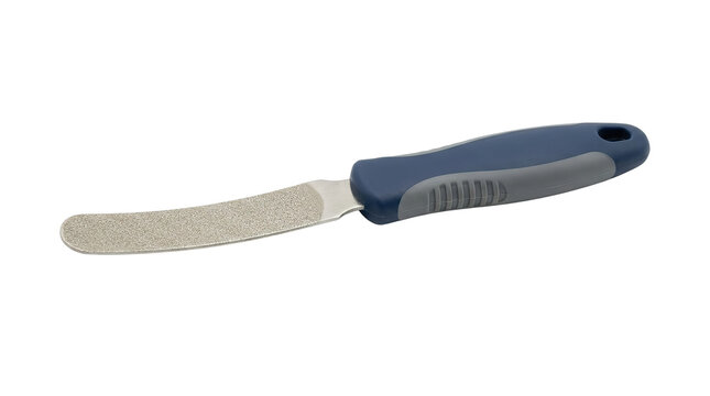 Curved foot file with blue handle for pedicure and callus removal