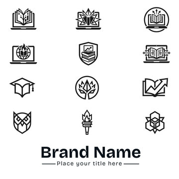 Education E-Learning Logo Icons Set Vector Black Laptop Book Graduation Cap Owl Torch Shield Globe Growth Arrow School Academy College University Knowledge Study Online Course Branding Identity Temple