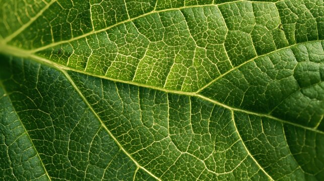 Extreme macro of translucent green leaf veins with pale yellow green midrib, fine network of veinlets and backlit glow, natural botanical texture background