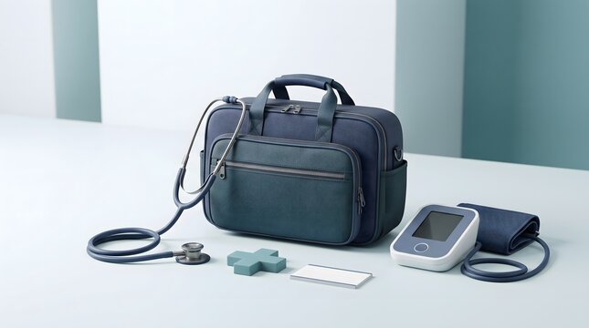 Professional medical emergency bag with stethoscope and digital blood pressure monitor on a clean white background