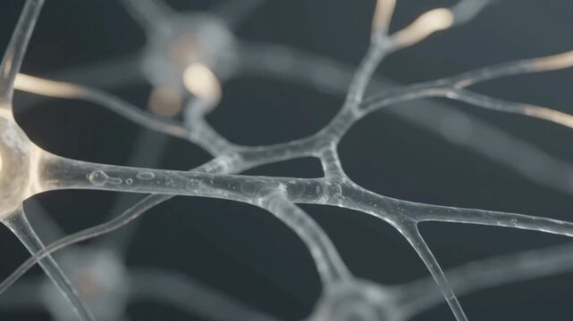 Minimalist biological visualization showing delicate translucent neuron fibers with gentle warm light impulses flowing smoothly through organic microscopic membranes in infinite loop.