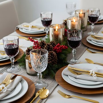 A refined, engaging variation of a beautifully set Christmas Eve dinner table with a rustic chic theme: wooden charger plates, gold cutlery, crystal glasses half-filled with red wine, and a