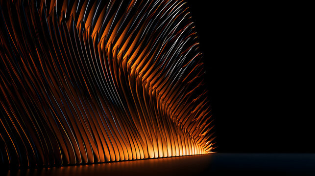 a somber, conceptual digital artwork featuring elongated, metallic curves that shimmer with a warm, golden-orange radiance. these curves are positioned in a straight, repetitive sequence, flowing from
