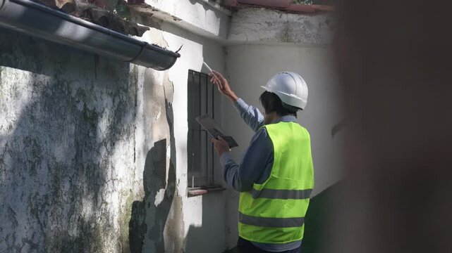 Civil engineer inspecting a damaged building wall and checking for structural issues with a tablet, performing a survey for renovation and construction assessment