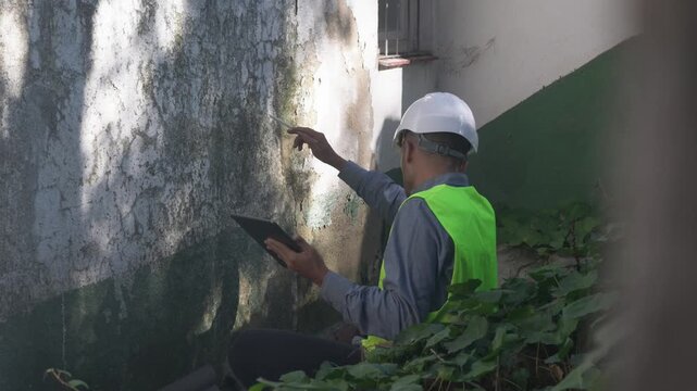 Civil engineer wearing a hard hat and safety vest inspecting a moldy concrete wall, using a tablet to document structural damage and cracks in the building facade