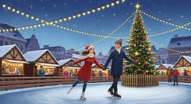 A creative rephrasing of a couple ice-skating hand-in-hand on a small, frozen rink in a town square, under strings of overhead fairy lights and a large, decorated Christmas tree, focused on