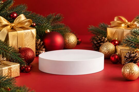 White Round Display Podium among Golden Gifts on a Red Christmas Background