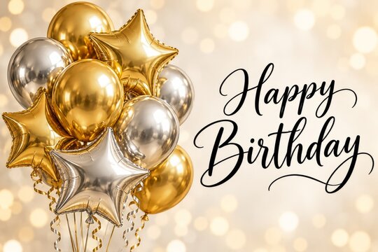 Gold and Silver Birthday Balloons with Black Script and Soft Cream Bokeh