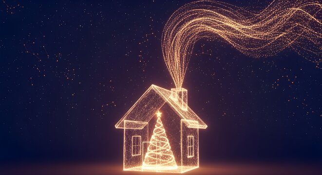 A vivid reinterpretation of a digital art concept for Christmas Eve: a glowing, wireframe model of a house with a Christmas tree inside, data streams representing warmth and joy flowing from the