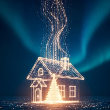 A refined, engaging variation of a digital art concept for Christmas Eve: a glowing, wireframe model of a house with a Christmas tree inside, data streams representing warmth and joy flowing from the