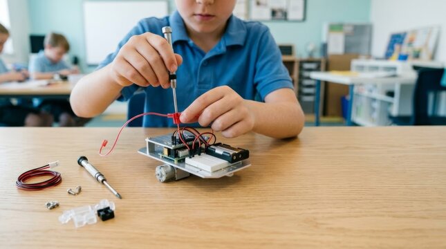 Schoolchild assembling a programmable robot with a screwdriver at an oak desk in a bright classroom for STEM education, representing hands-on technology learning and innovative skills