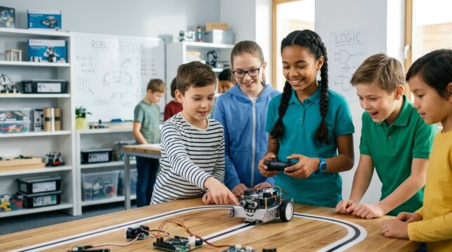 Diverse group of students engaged in robotics project controlling a prototype robot with remote in a modern school STEM classroom for collaborative learning and innovation