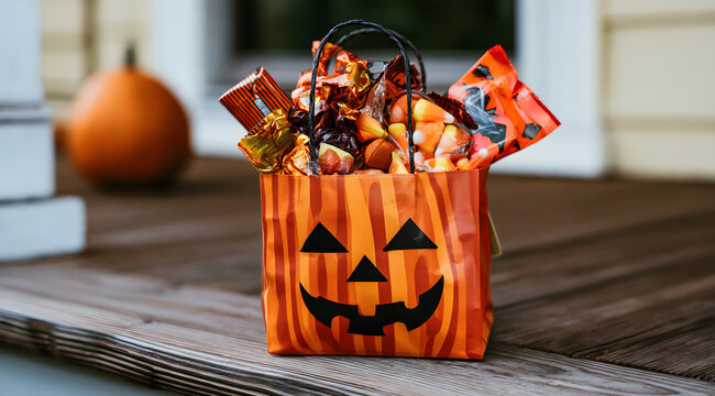 On a wooden porch, an assortment of Halloween treats is placed in a candy bag