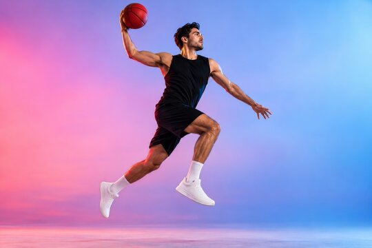 Basketball player jumping with a red ball under pink and blue studio lighting