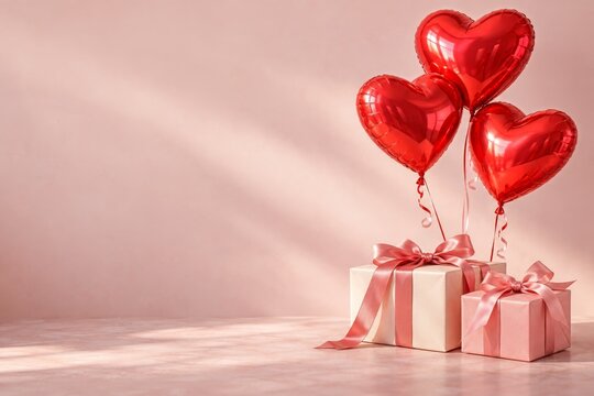 Valentine Gifts and Red Heart Balloons on a Blush Background