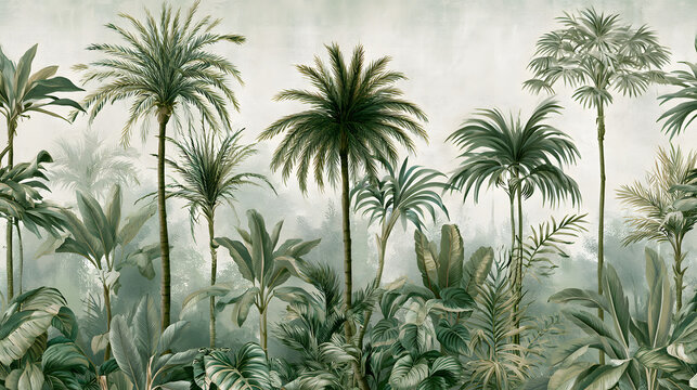 An antique tropical wallpaper featuring palm trees and jungle foliage, a muted green botanical mural, and a hand-rendered exotic forest scene, perfect for interior decor, stock illustration