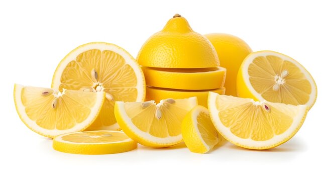 Lemon slices and wedges, isolated pure white background