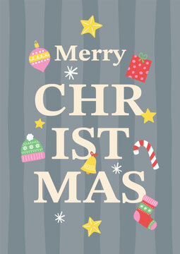 Christmas greeting card with cute hand drawn holiday doodles. Vector illustration