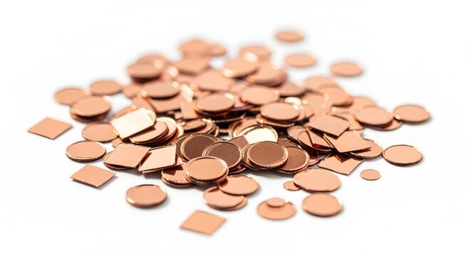 Rose gold foil confetti sparkle, isolated white background