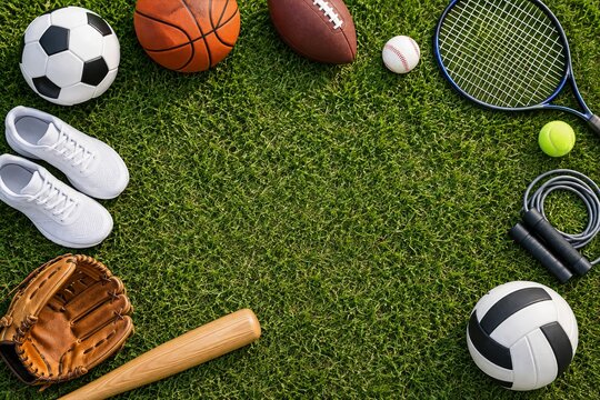Sports equipment framing empty green grass in an overhead outdoor arrangement