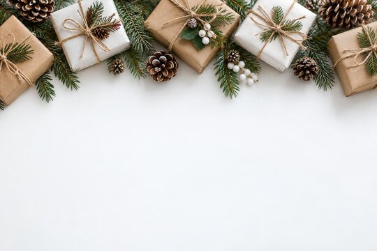 White and Kraft Christmas Gifts along an Evergreen Border on White