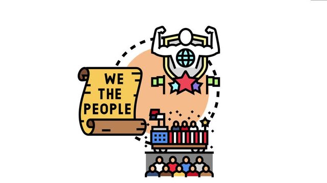 Illustrating a political movement for citizens and people's power, featuring a person with strong arms and a globe, stars, flags, a scroll with we the people, a rally platform, and crowds