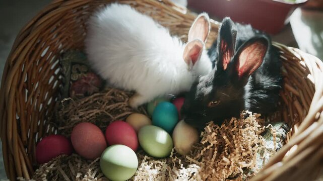 Two bunnies sit in a wicker basket. They nibble colorful Easter eggs amidst straw. Sunlight glows warmly through the scene. Soft, playful, and festive Easter mood