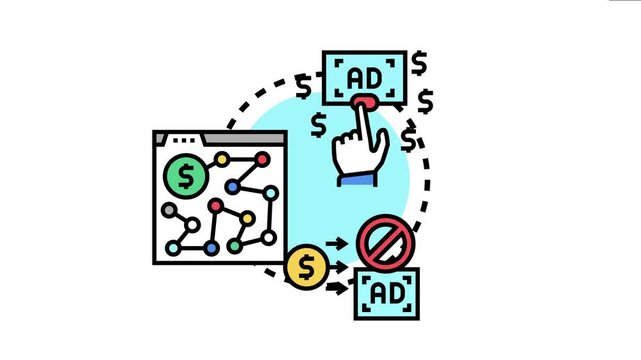 Pay per click advertising process a hand clicking an online advertisement, generating revenue through website traffic and digital marketing campaign management