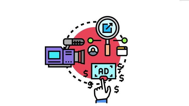 Video camera and user clicking on an advertisement illustrate a digital pay per view video platform concept, enabling content creators to monetize streaming content and online media