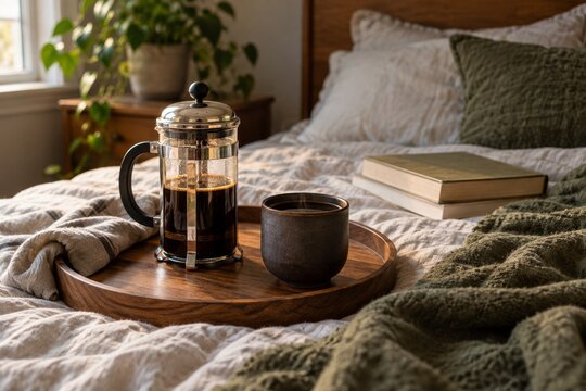 French press and dark ceramic cup on a wooden tray beside bed linen