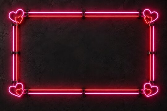 Pink and Red Neon Frame with Heart Corners on a Dark Textured Wall