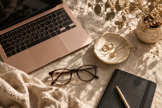 Rose Gold Laptop Eyeglasses and Jewelry Dish on Textured Beige Fabric