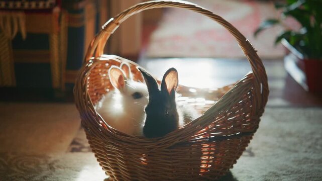 Warm sunlight falls on two rabbits in a wicker basket. One white, one black, they sit close, ears up. Soft shadows play around the basket's woven edges. The room feels calm, quiet, and safe