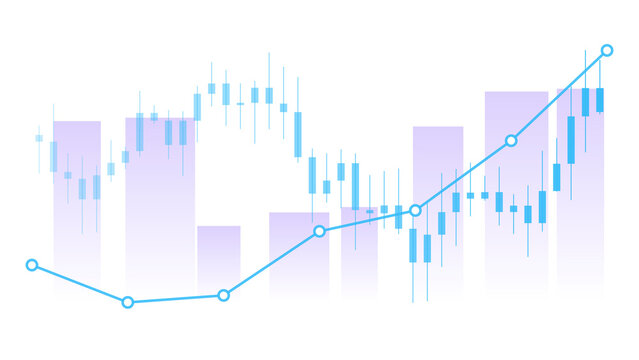 Blue financial candlestick chart showing stock market growth trends isolated on white background