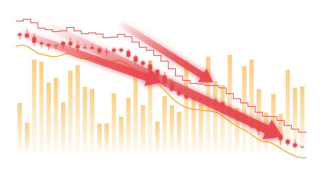 Red down arrow indicating a decrease on a financial business bar chart graph graphic icon
