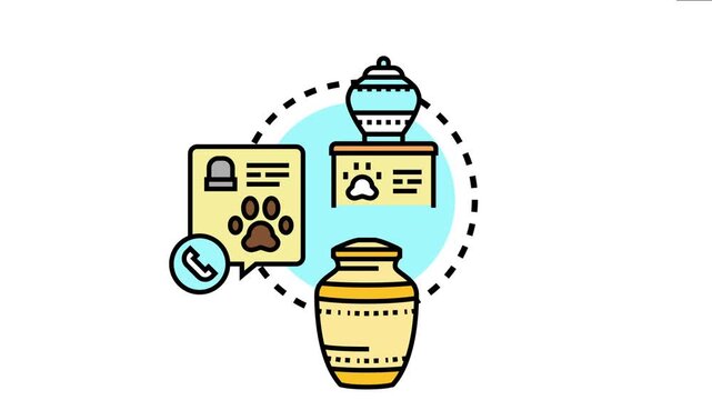 Pet funeral service icon showing cremation urn, memorial plaque with paw print, and contact options, representing a farewell process for an animal, including bereavement and remembrance