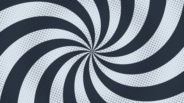 Monochrome halftone spiral pattern rotates across an abstract graphic background