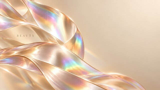 Iridescent Ribbons with Rainbow Reflections on a Champagne Background