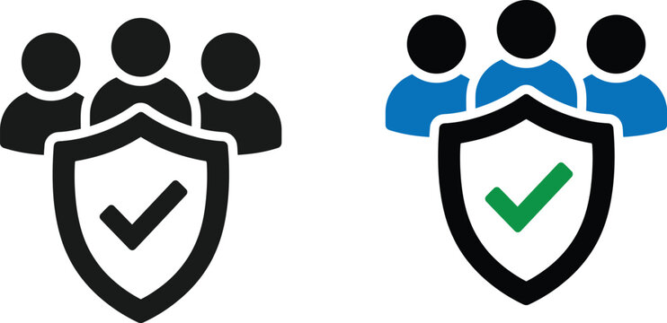 Set of insurance and security icons featuring a group of people protected by a shield with check marks
