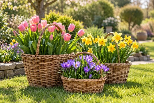 Pink Tulips Yellow Daffodils and Purple Crocuses in Wicker Garden Baskets