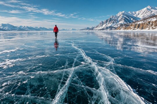 Lone walker in red crossing a vast cracked frozen lake beneath turquoise sky