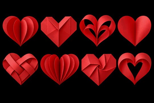 Collection of folded red paper hearts isolated on a transparent background