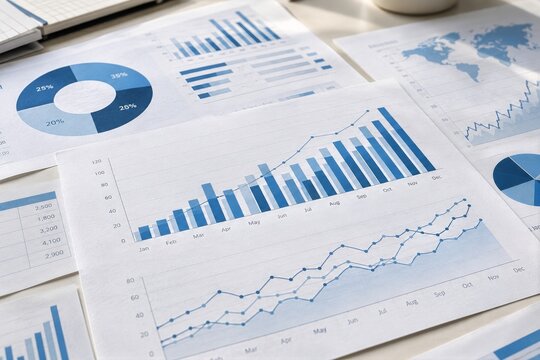 Printed blue financial charts with rising bars and circular diagrams on a pale desk
