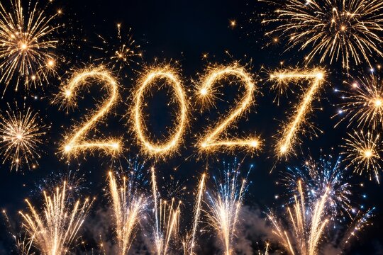 Golden Sparkler Year Numerals above Firework Trails against a Navy Background