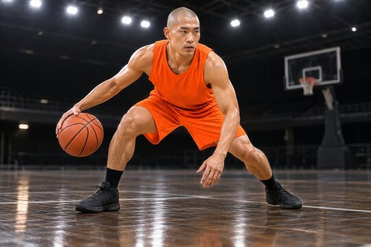 Basketball player in orange dribbling on a dark court beneath overhead lights