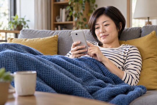 Woman in a striped shirt using her phone beneath a blue sofa blanket