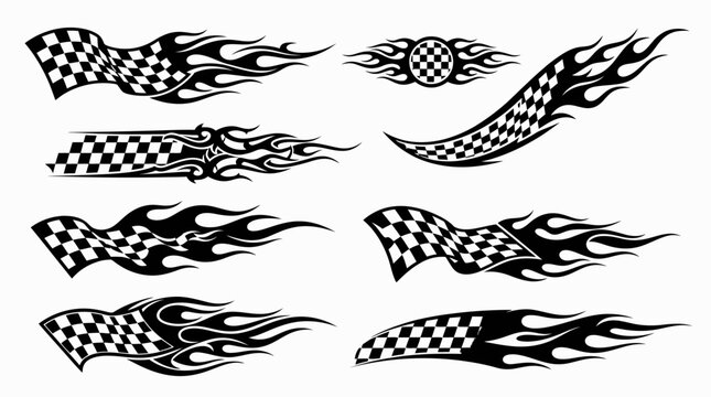 Set of black and white checkered racing flag flame decals for car vinyl graphics.